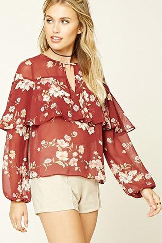 Love21 Women's  Wine & Pink Contemporary Floral Print Top