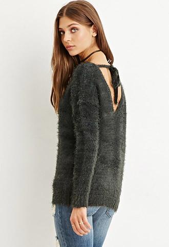 Forever21 Women's  Dark Olive Fuzzy Self-tie Sweater