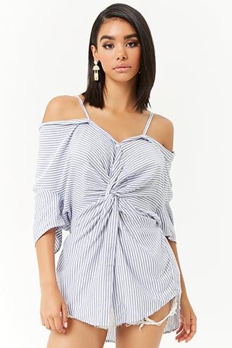 Forever21 Striped Open-shoulder Twist-front Top