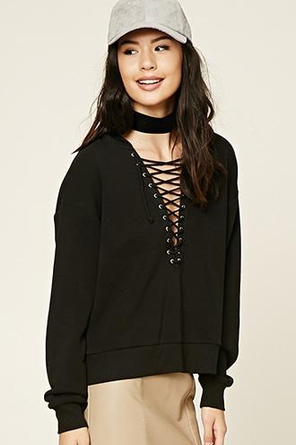 Forever21 Women's Contrast Lace-up Hoodie