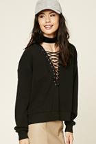 Forever21 Women's  Contrast Lace-up Hoodie