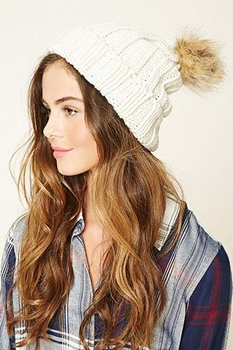 Forever21 Women's  Cream & Natural Ribbed Knit Beanie
