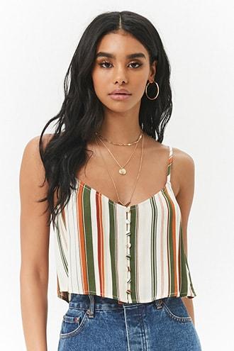 Forever21 Multicolor Striped Crepe Button-front Cropped Cami