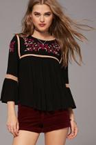 Forever21 Women's  Black & Plum Floral Embroidered Peasant Top