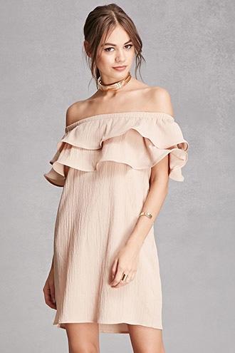 Forever21 Women's  Taupe Off-the-shoulder Flounce Dress
