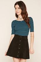 Forever21 Women's  Teal & Black Striped Crop Top