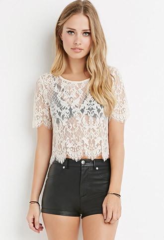 Forever21 Women's  Scalloped-eyelash Lace Top (vanilla)