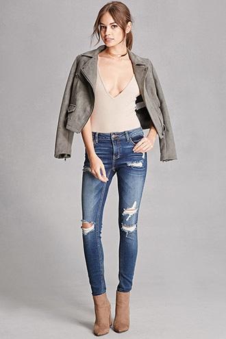 Forever21 Women's  Dark Denim Cello Distressed Low-rise Jeans