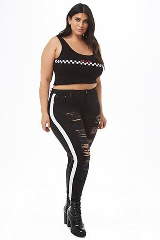 Forever21 Plus Size Distressed Striped-trim Jeans