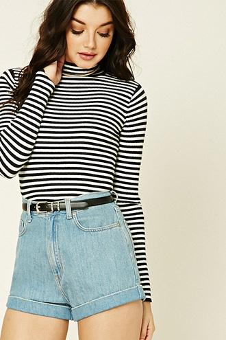 Forever21 Women's  Black & White Striped Mock Neck Top