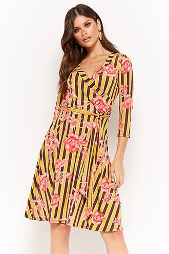 Forever21 Striped & Floral Surplice Dress