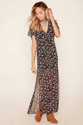 Forever21 Women's  Black & Mustard Chiffon M-slit Maxi Dress