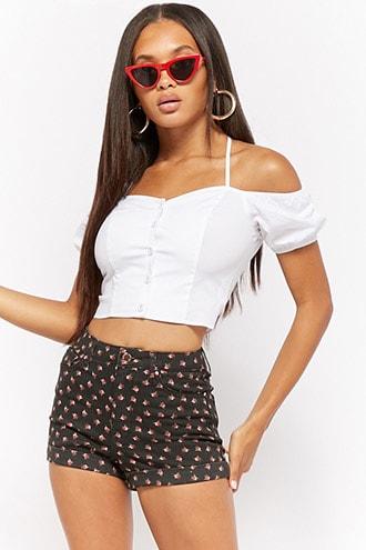 Forever21 Rose Print Denim Shorts