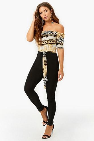 Forever21 Off-the-shoulder Checkered Chain Jumpsuit