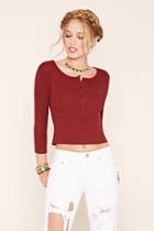 Forever21 Women's  Burgundy Button-front Ribbed Crop Top