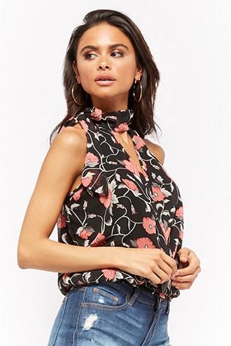 Forever21 Floral Print Tie-neck Top