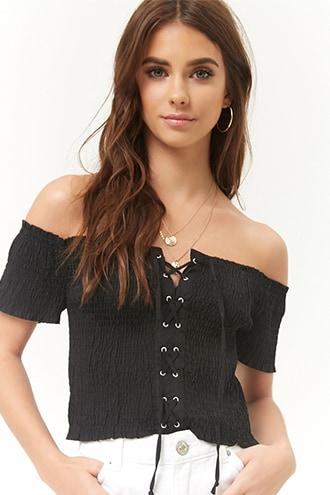 Forever21 Smocked Off-the-shoulder Lace-up Crop Top