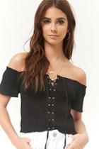 Forever21 Smocked Off-the-shoulder Lace-up Crop Top
