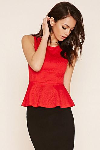 Forever21 Women's  Red Embroidered Peplum Top
