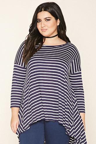 Forever21 Plus Women's  Navy & Cream Plus Size Stripe High-low Top