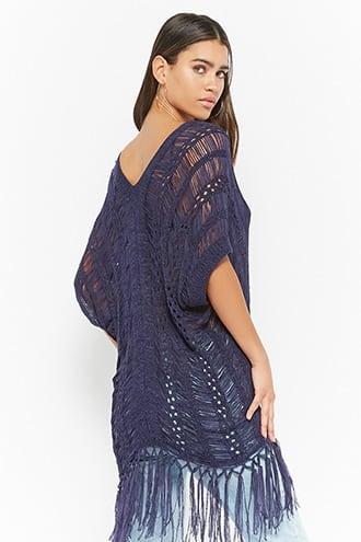 Forever21 Distressed Ladder Lace-up Fringe Sweater