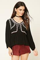 Forever21 Women's  Black & Cream Embroidered Tassel Top