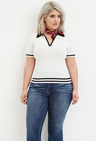 Forever21 Plus Women's  Plus Size Varsity-stripe Ribbed Polo