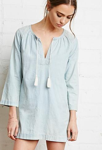 Forever21 Women's  Embroidered Chambray Tunic