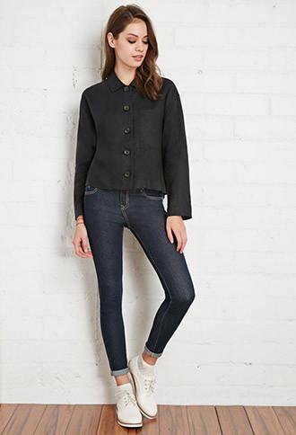 Forever21 Women's  Buttoned Linen Shirt (black)
