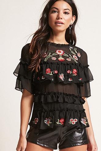 Forever21 Embroidered Ruffle Chiffon Top