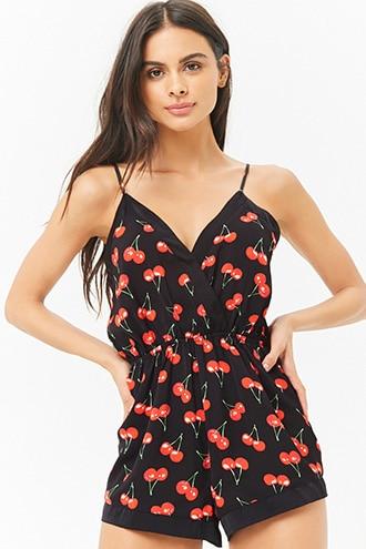 Forever21 Cherry Satin Pajama Romper