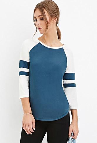 Forever21 Women's  Varsity-striped Baseball Tee (indigo/cream)