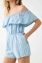 Forever21 Chambray Striped Off-the-shoulder Romper