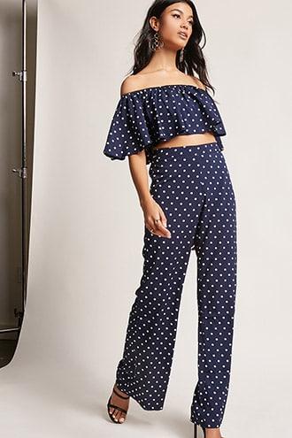 Forever21 Polka Dot Crop Top And Pants Set