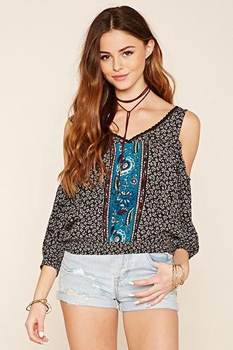 Forever21 Women's  Black & Teal Floral Print Open Shoulder Top