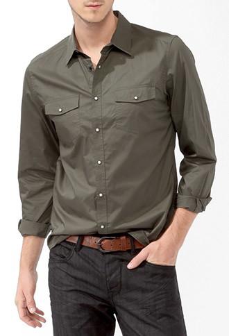 21 Men Men's  Snap Button Shirt (olive)