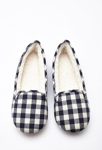 Forever21 Women's  Gingham Faux Shearling Slippers (oatmeal/navy)