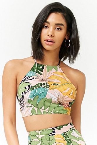 Forever21 Leaf Print Tie-back Crop Top