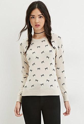 Forever21 Women's  Oatmeal & Black Ribbon Print Sweater