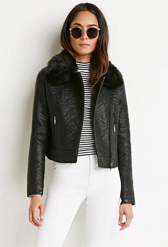 Forever21 Women's  Faux Leather Bomber Jacket (black)