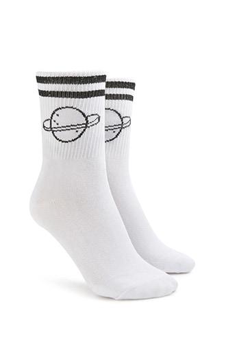 Forever21 Planet Graphic Striped-trim Crew Socks