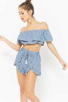 Forever21 Striped Off-the-shoulder Crop Top & Ruffle-trim Shorts Set