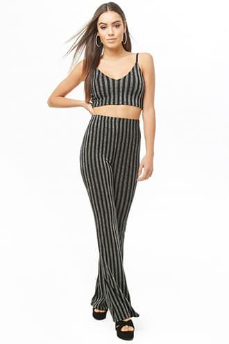 Forever21 Metallic Striped Cropped Cami & Flare Leggings Set