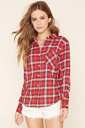 Forever21 Women's Red & Cream Tartan Plaid Shirt