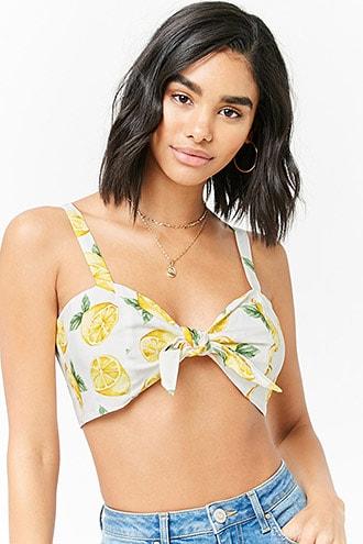 Forever21 Lemon Print Tie-front Crop Top
