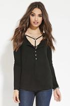 Forever21 Women's  Black Boxy Buttoned Top