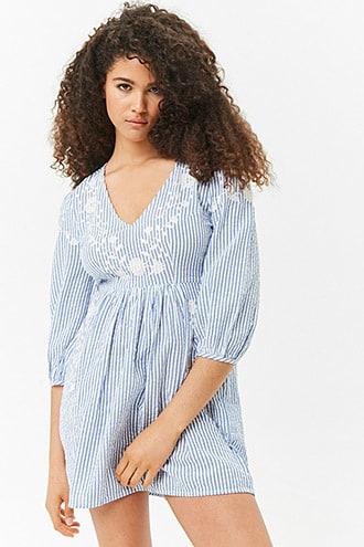 Forever21 Floral Embroidered Striped Peasant Dress