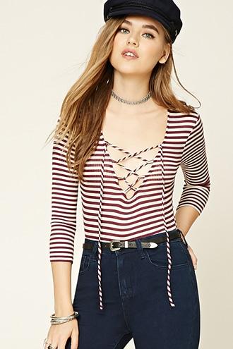 Forever21 Women's  Wine & Blush Lace-front Stripe Bodysuit