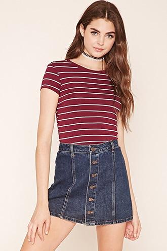 Forever21 Women's  Burgundy & Cream Striped Knit Tee