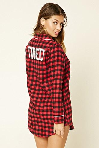 Forever21 Women's Tired Graphic Plaid Pj Shirt